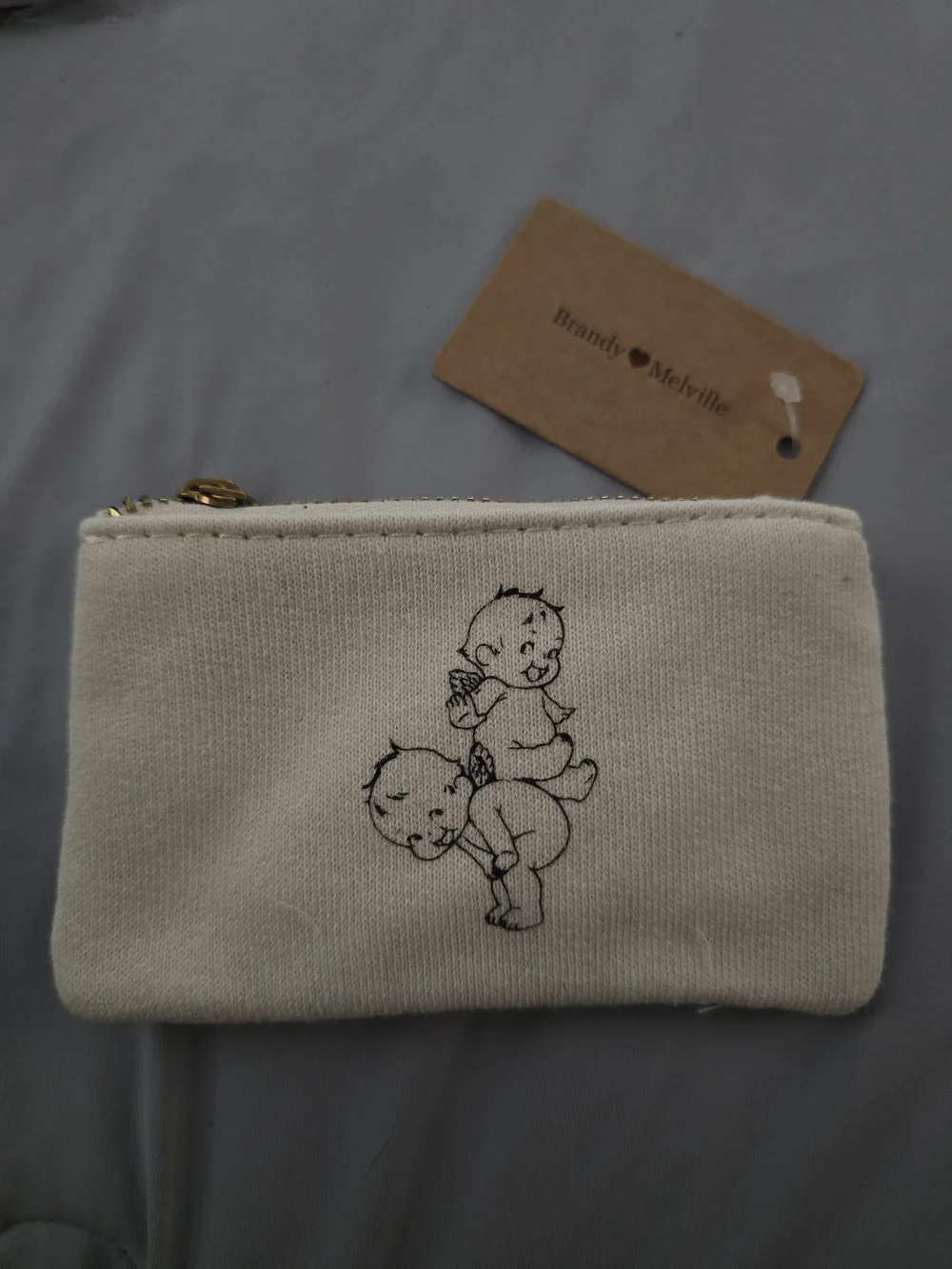 Brandy Melville Cream Canvas Coin Pouch with Kewpie Doll Print